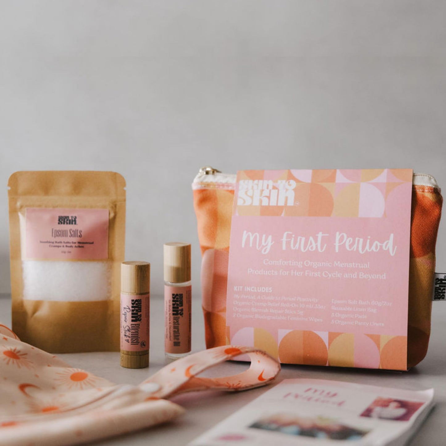 Skin to Skin My First Period Kit for Girls 10-16: Menstrual Starter Kit with Pads, Panty Liners, Cramp Relief, Educational Booklet