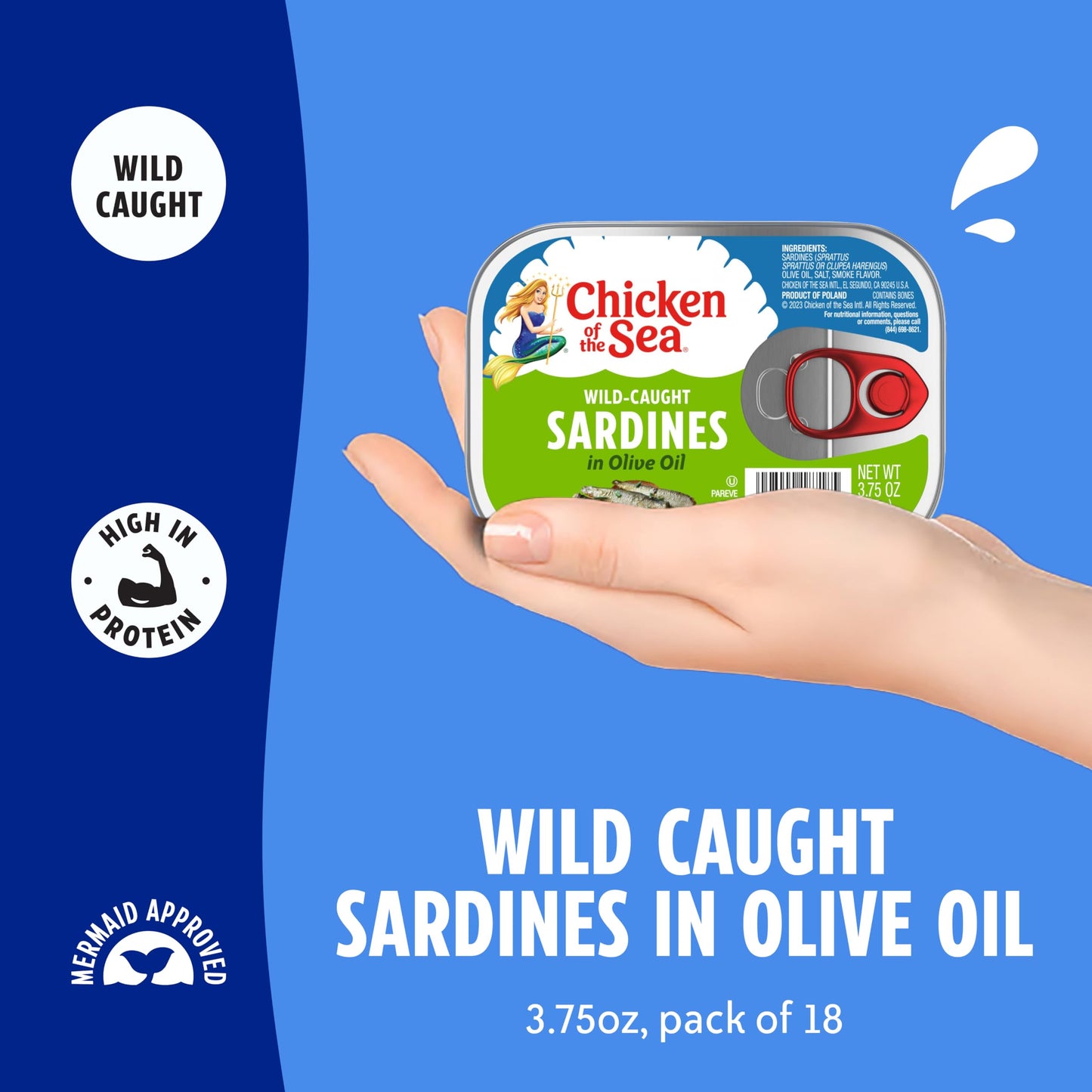 Chicken of the Sea Wild Caught Sardines in Olive Oil, 3.75 oz Cans, 18-Count – High Protein Nutritional Powerhouse Canned Sardines – Perfect in Any Dish or as Ready to Eat Meals