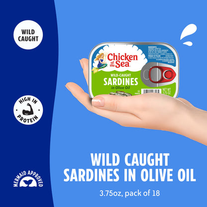 Chicken of the Sea Wild Caught Sardines in Olive Oil, 3.75 oz Cans, 18-Count – High Protein Nutritional Powerhouse Canned Sardines – Perfect in Any Dish or as Ready to Eat Meals