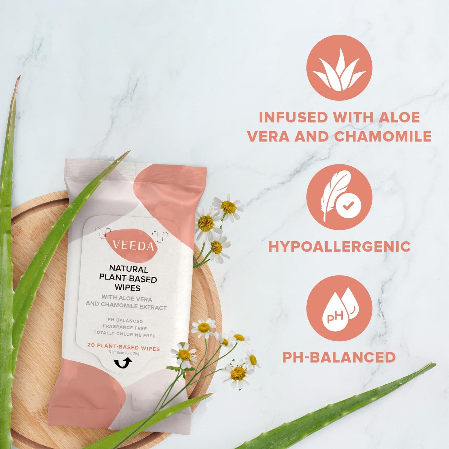 Veeda Plant-Based Feminine Wipes – pH-Balanced, Hypoallergenic & Biodegradable Wipes for Sensitive Skin, Fragrance-Free Travel Sized Wipes – 120 Count