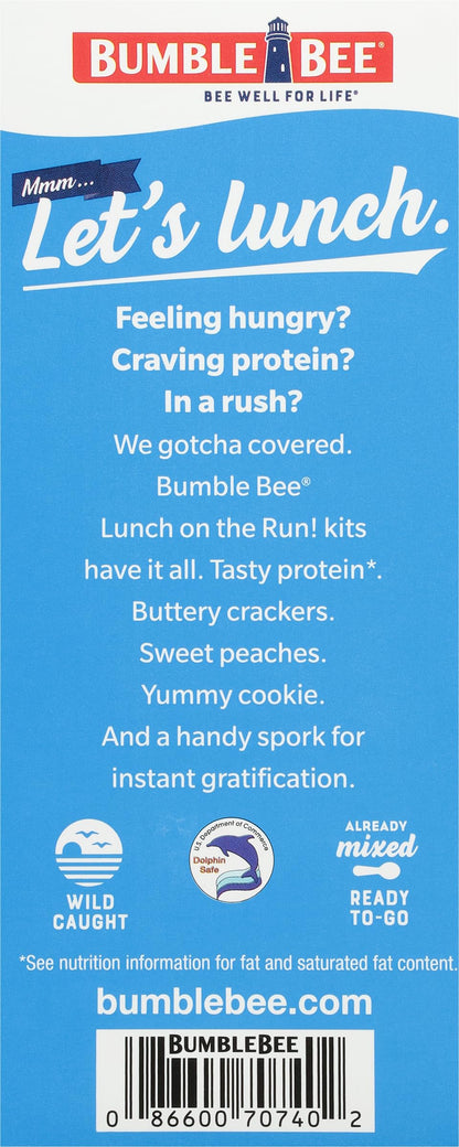Bumble Bee Lunch On The Run Tuna Salad with Crackers Kit, 8.2 oz (Pack of 4) - Ready to Eat, Includes Crackers, Cookie & Peaches - Wild Caught Tuna - Shelf Stable & Convenient Source of Protein, Easy Open Can