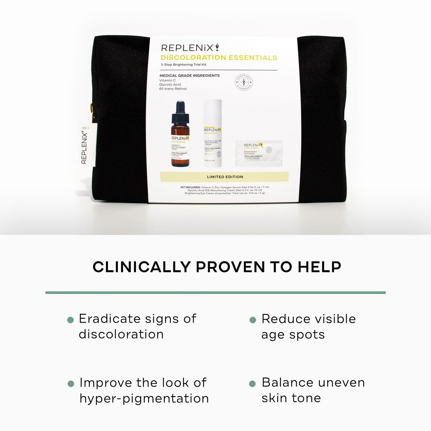 Replenix Discoloration Essentials 3 Step Brightening Medical-Grade Trial Kit (Set Includes Travel-Size Glycolic Acid Resurfacing Cream, Vitamin C Pro Collagen Serum, Brightening Eye Cream)