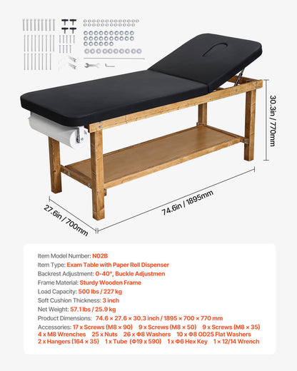 VEVOR Medical Exam Table, Wooden Framed Medical Examination Bed, Physical Therapy Exam Table with Adjustable Backrest, Storage Shelf & Paper Roll Dispenser for Hospitals Clinics Rehab Centers, 500LBS