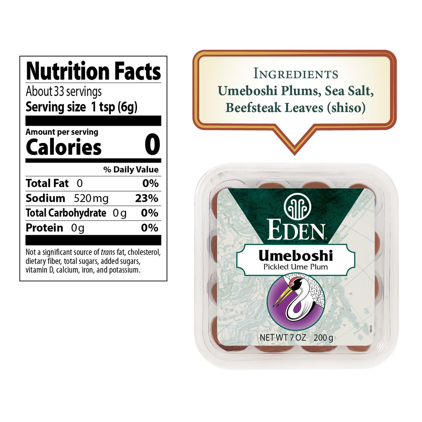 Eden Umeboshi Plum, Japanese Pickled Plum, Wakayama Grown, Whole, Traditionally Made in Japan, No MSG, No Chemical Additives, 7.05 oz