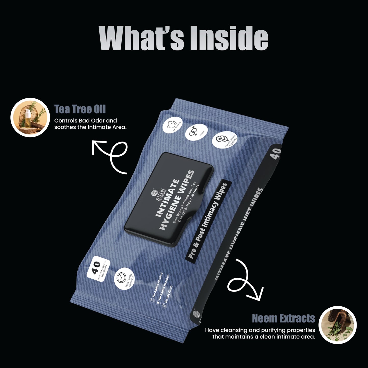 Skin Elements Intimate Hygiene Wipes | Unisex | pH Balanced Wet Wipes | Tea Tree Oil & Neem Extracts | 40 Intimate Hygiene Wet Wipes | For Pre and Post Intimacy