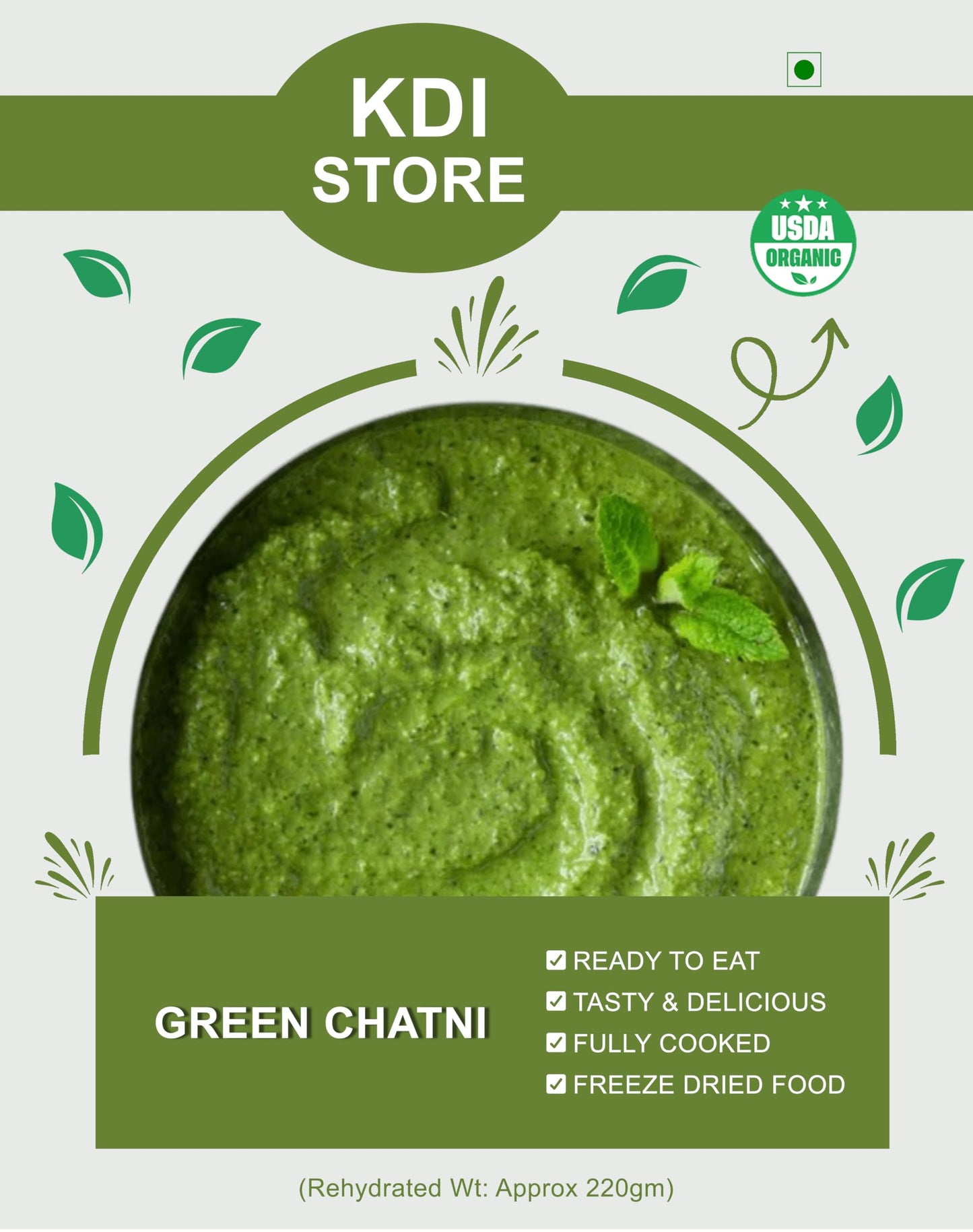 KDI Store Organic Green Chutney, Ready to Eat, Freeze Dried, Fully Cooked Indian Condiment, 30g