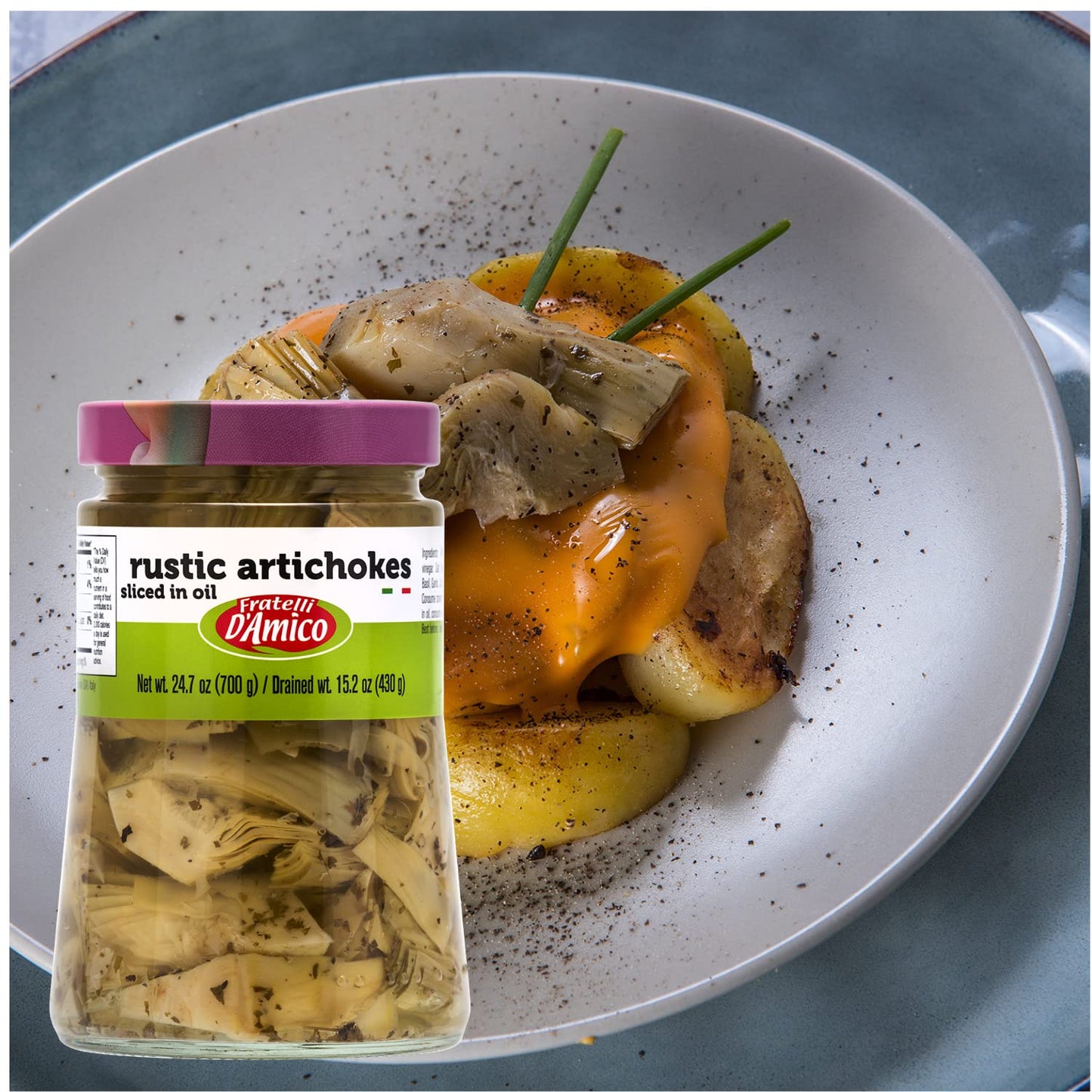 FRATELLI D'AMICO - Rustic Sliced Artichokes in Oil, Premium Quality, Chef Selected, Large Jar : 24.7oz (700 g), Antipasto, Non GMO Italian Premium Brand, Product of Italy