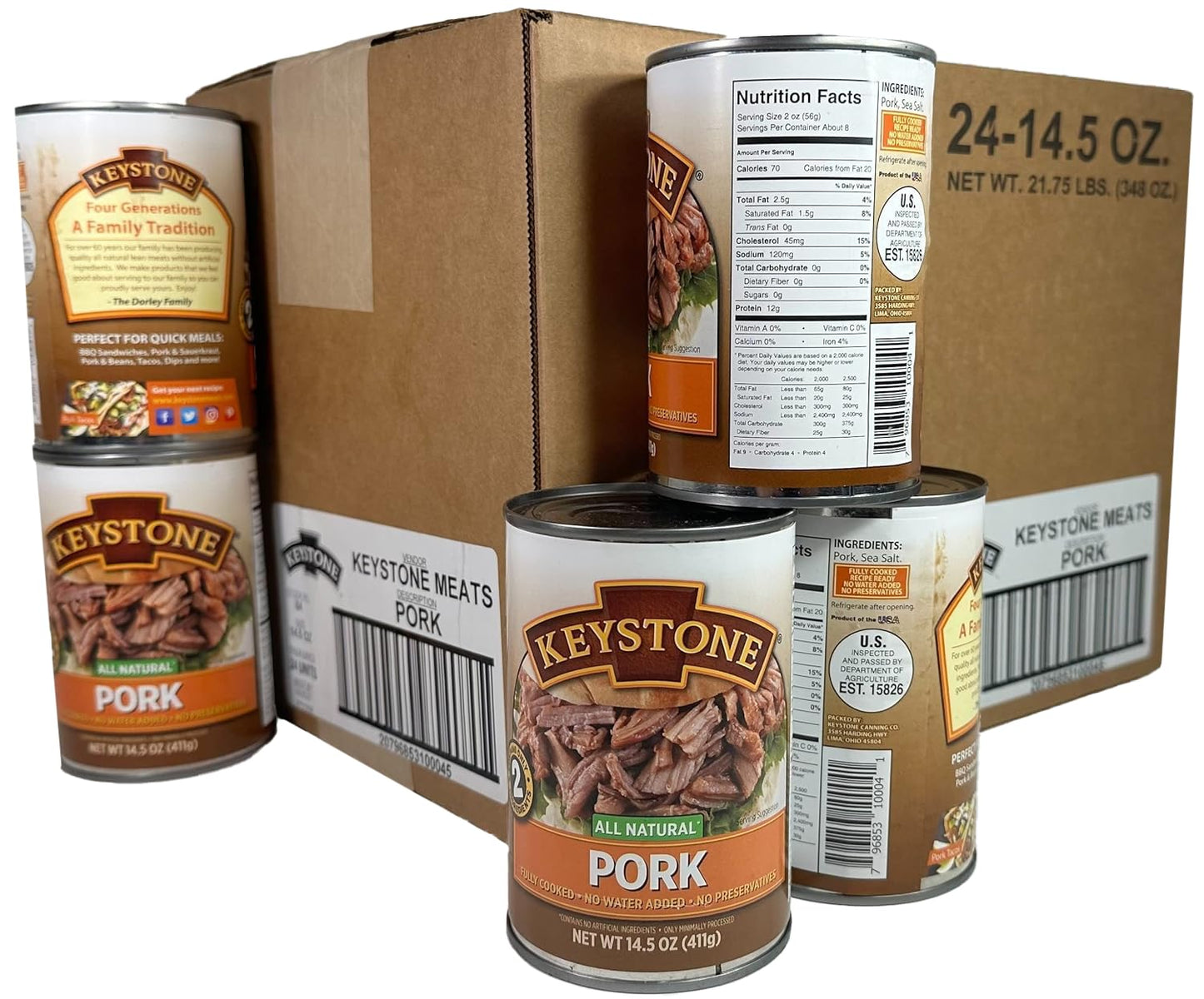 Keystone Meats All Natural Heat and Serve Canned Pork, 14.5 oz – Fully Cooked and Ready to Eat – Shelf Stable for 5 Years – Canned Meat for Everyday Meals, Emergency Survival Food, and Long-Term Storage – Gluten-Free, No Carbs, Non-Perishable – Made...