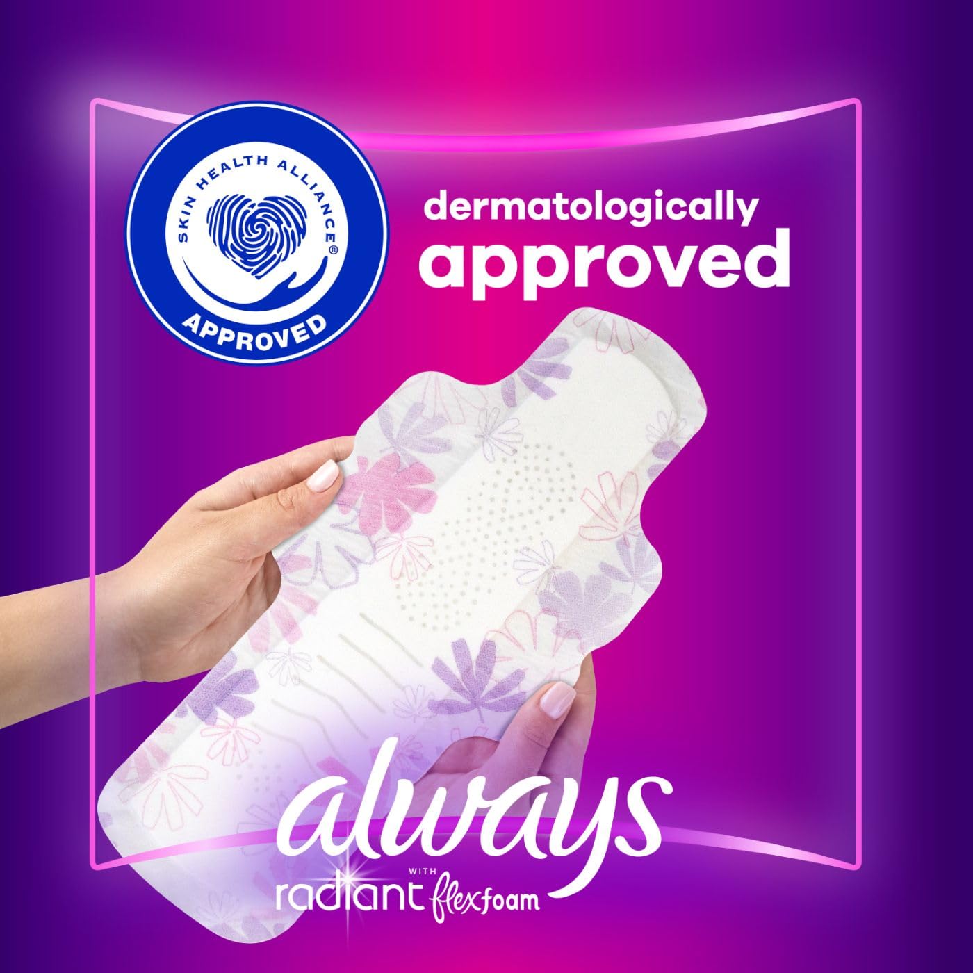Always Radiant Feminine Pads for Women, Flexfoam Pads with Wings, Size 4, Overnight Absorbency, Lightly Scented, 28 Count