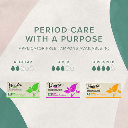 Veeda 100% Natural Cotton Tampons Super Absorbency - Non-Applicator Tampons with leak proof protection - Unscented, Chlorine & Toxin Free - 32 Count