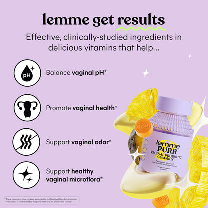 Lemme Purr Vaginal Probiotic Gummies for Women - Balanced pH, Healthy Odor, Yeast Balance & Flora Support + Vitamin C for Immune Health - Tasty Pineapple (60 Count)