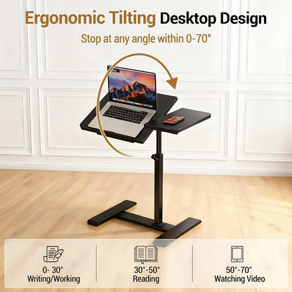 GarveeHome Overbed Bedside Table Adjustable with Wheels, Mobile Standing Stand Up Rolling Laptop PC Desks with Tilting Top Height Tray Side Computer Workstation for Bedroom on Hospital Home Use Black