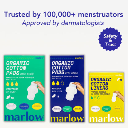 Marlow 100% Organic Cotton Top Sheet Pads, Extra Long with Two Sets of Wings, Biodegradable Wrapper, Plastic Free, Fragrance Free, Toxin Free, Hypoallergenic, Ultra Thin, Leak Proof, 18 Count