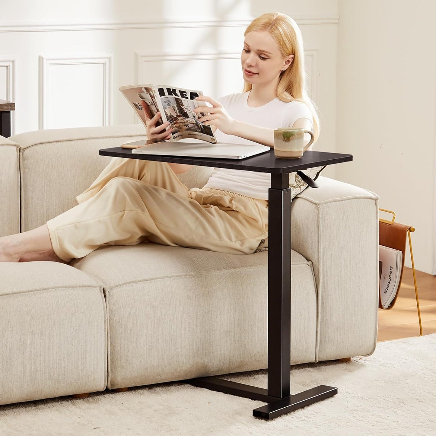 Overbed Bedside Table with Hidden Casters, Adjustable Pneumatic Mobile Laptop Computer Standing Desk, Rolling Laptop Table, Movable Overbed Table Hospital Home Use, Black