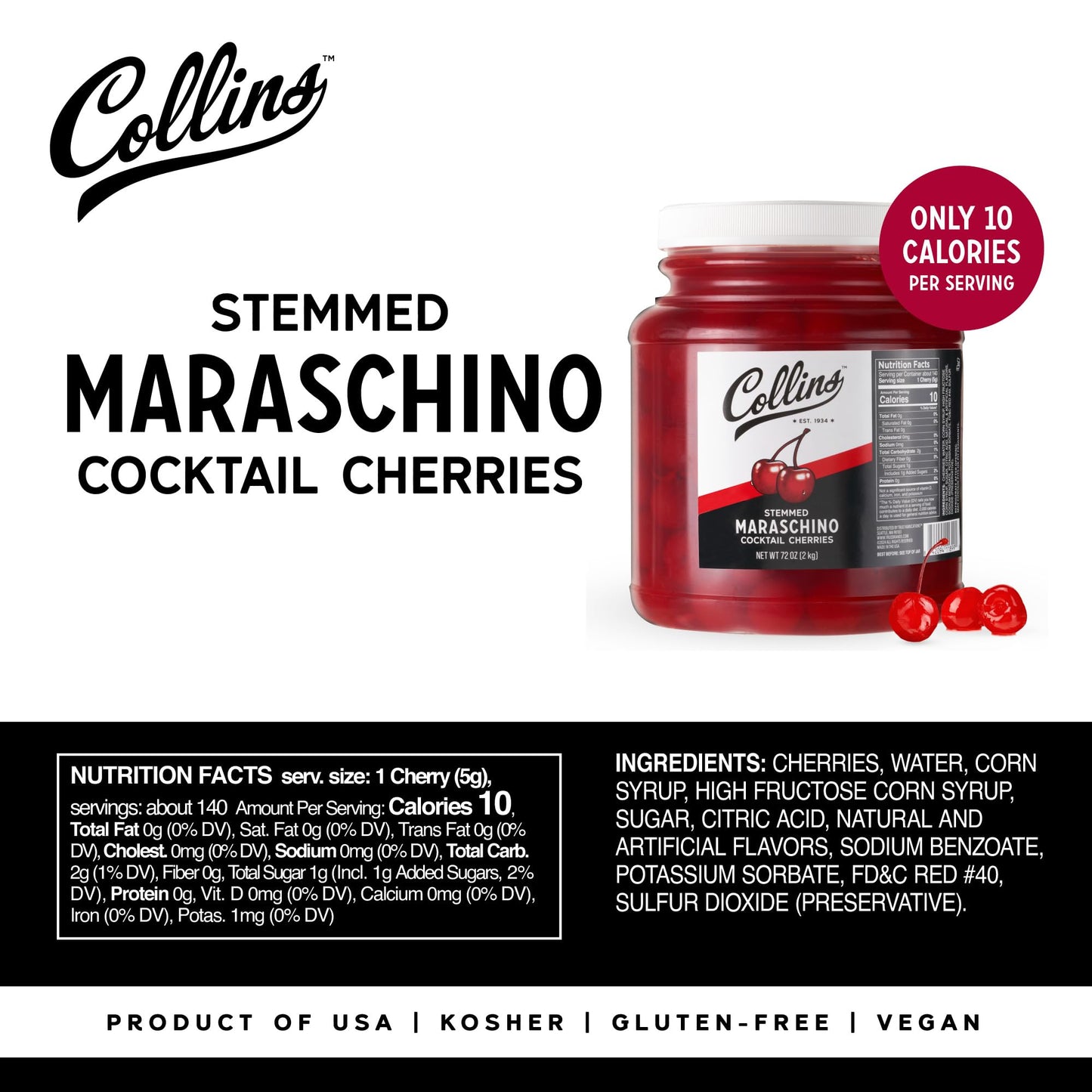 Collins 72 oz Stemmed Maraschino Cherries, Bulk Cocktail Garnish for Mocktails, Desserts and Ice Cream Sundaes, Bright Red Cherries with Stems for Party Supply, Food Service & Bars, 4.5 Pound Jar