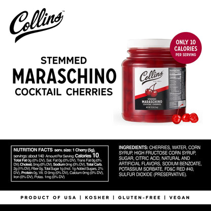 Collins 72 oz Stemmed Maraschino Cherries, Bulk Cocktail Garnish for Mocktails, Desserts and Ice Cream Sundaes, Bright Red Cherries with Stems for Party Supply, Food Service & Bars, 4.5 Pound Jar