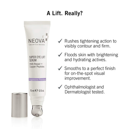 NEOVA SmartSkincare Super Eye Lift Serum with brightening and hydrating actives smooths to a perfect finish for on-the-spot visual improvement.