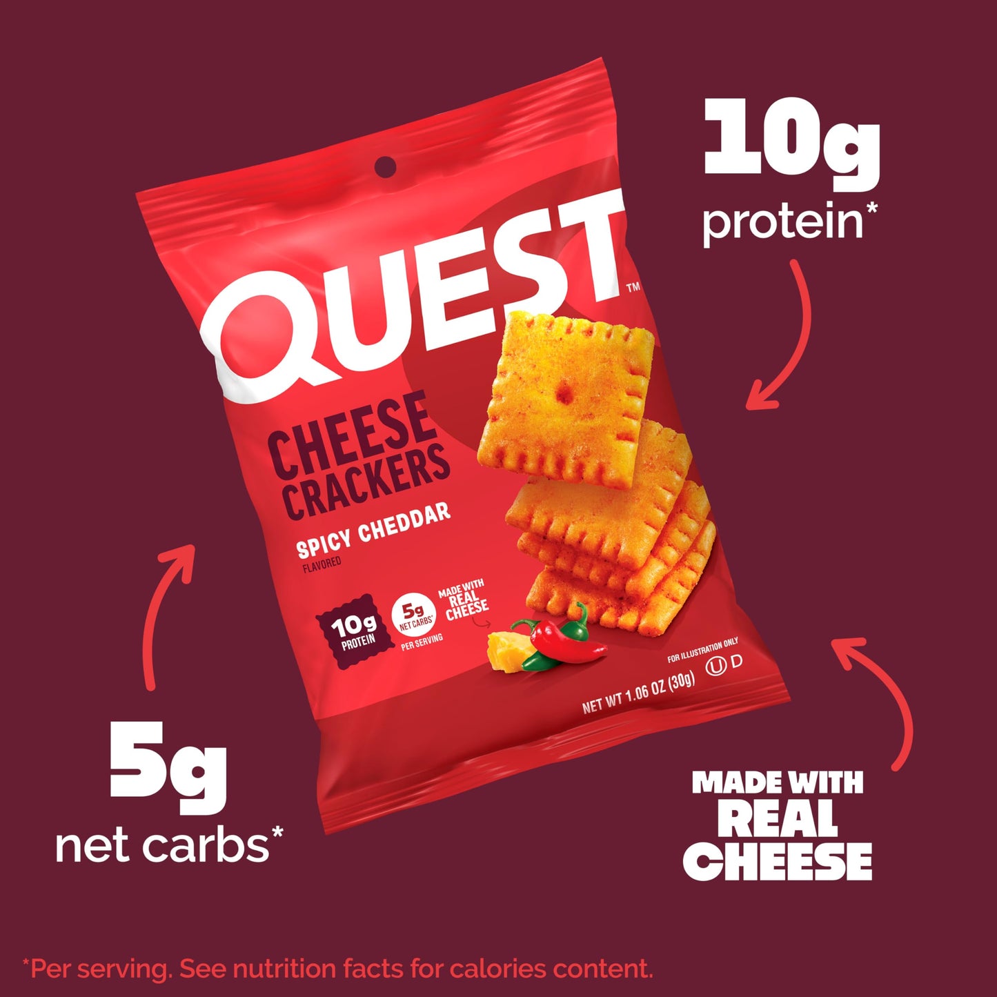 Quest Nutrition Cheese Crackers, Spicy Cheddar Blast, 10g of Protein, Low Carb, Made with Real Cheese, 12 Count (1.06 oz Bags)