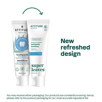 ATTITUDE Fluoride-Free Whitening Toothpaste, Peppermint Flavor, Vegan & Cruelty-Free, Sugar-Free, Plant & Mineral-Based Ingredients, Clean Oral Care, 4.2 Oz
