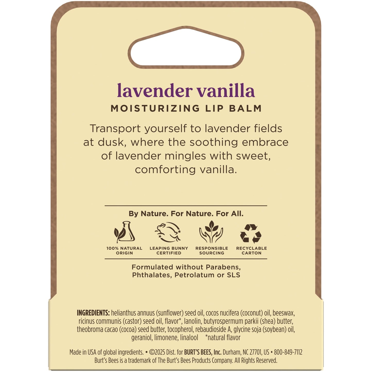 Burt’s Bees Lavender Vanilla Moisturizing Lip Balm, Flavorful Lip Balm Provides 12 Hour Moisture, 100% Natural Origin, Responsibly Sourced Beeswax, 0.15 Ounce Tube