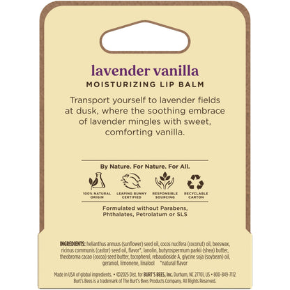 Burt’s Bees Lavender Vanilla Moisturizing Lip Balm, Flavorful Lip Balm Provides 12 Hour Moisture, 100% Natural Origin, Responsibly Sourced Beeswax, 0.15 Ounce Tube