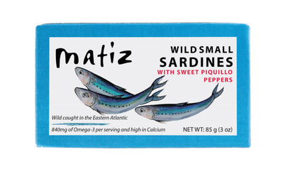 Matiz Sardinillas with Piquillo Peppers | Baby Sardines 3 Ounce | Product of Spain | Wild Caught |