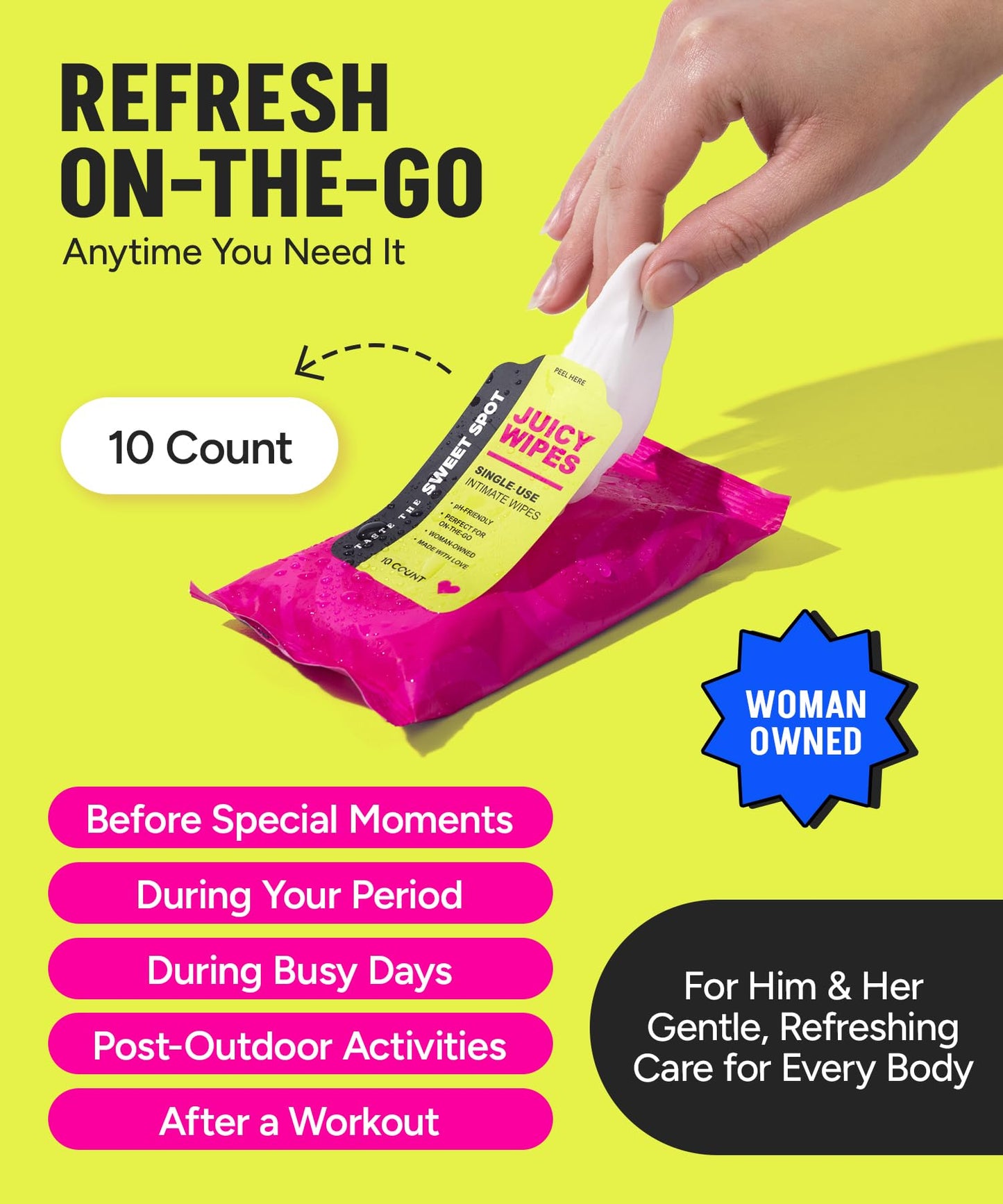 SWEET SPOT Flushable Feminine Wipes for Odor Control, pH Balance - Paraben-Free & Vegan, Intimate Wipes with Aloe Vera & Botanical Extracts - Ideal for Periods, Gym & Travel - 10ct