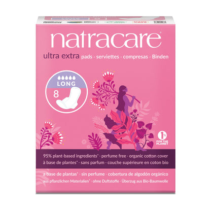 Natracare Ultra Extra Pads with Wings, Long, Individually Wrapped, Made with Certified Organic Cotton, Ecologically Certified Cellulose Pulp and Plant Starch (1 Pack, 8 Pads Total)