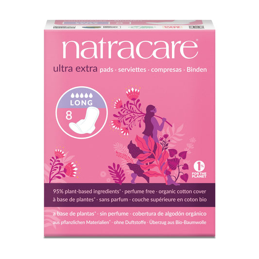 Natracare Ultra Extra Pads with Wings, Long, Individually Wrapped, Made with Certified Organic Cotton, Ecologically Certified Cellulose Pulp and Plant Starch (1 Pack, 8 Pads Total)
