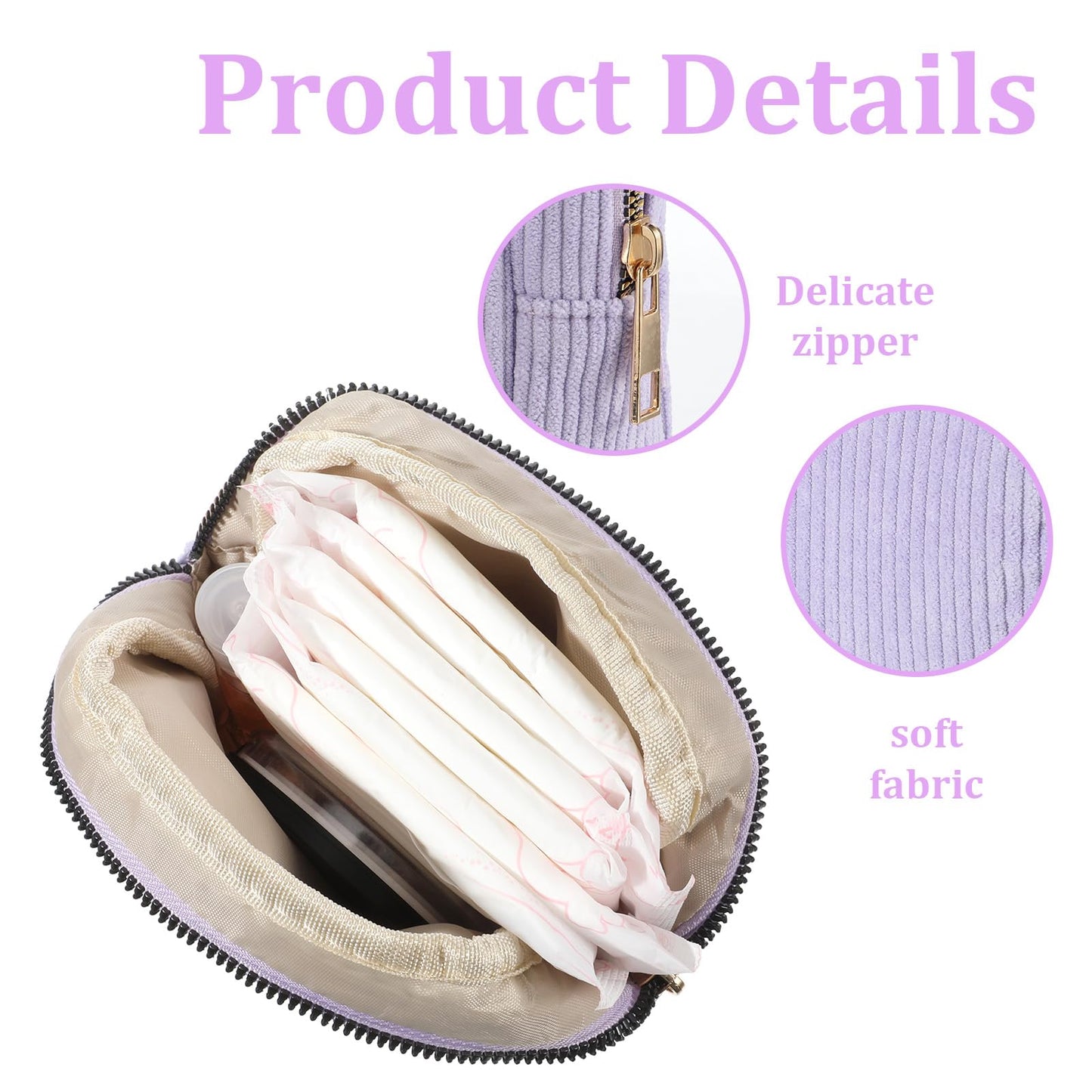 2PCS Period Pouch, Period Bags for Women, Corduroy Pad Bag with Zipper for Women, Use in Sanitary Napkins and Tampons (Blue Purple)