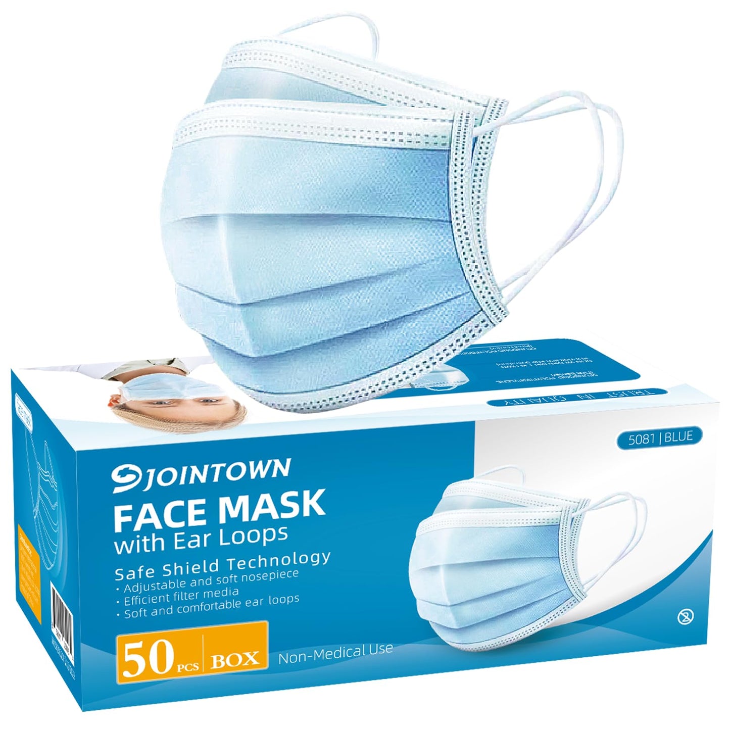 Jointown Disposable Face Mask - 3 Ply Filter Protection Face Masks, 50 Pack Blue