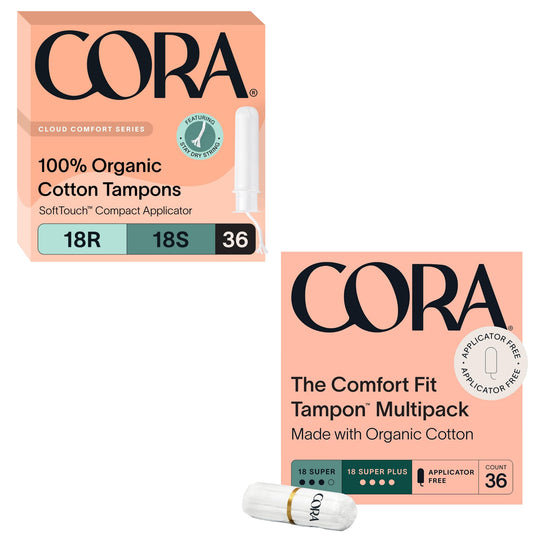Cora Organic Feminine Care | Applicator and Non-Applicator Tampon Multipack | 100% Organic Cotton, Unscented, BPA-Free Compact Applicator | Leak Protection | Packaging May Vary | 72 Total | Bundle Pac