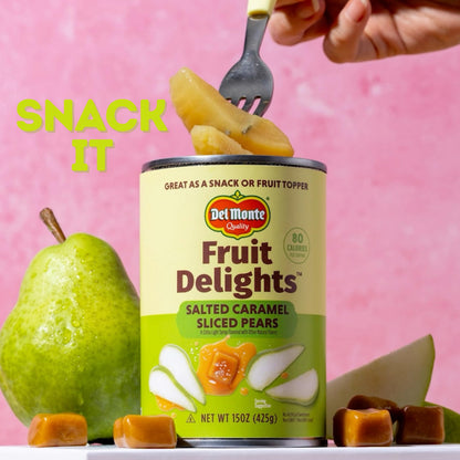 Del Monte Fruit Delights Sliced Pears with Salted Caramel in Extra Light Syrup, 15 oz. Cans, 12 Pack