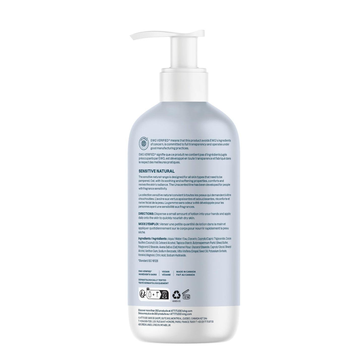 ATTITUDE Body Lotion for Sensitive Skin with Oat, EWG Verified, Dermatologically Tested, Vegan, Extra Gentle, Unscented, 16 Fl Oz