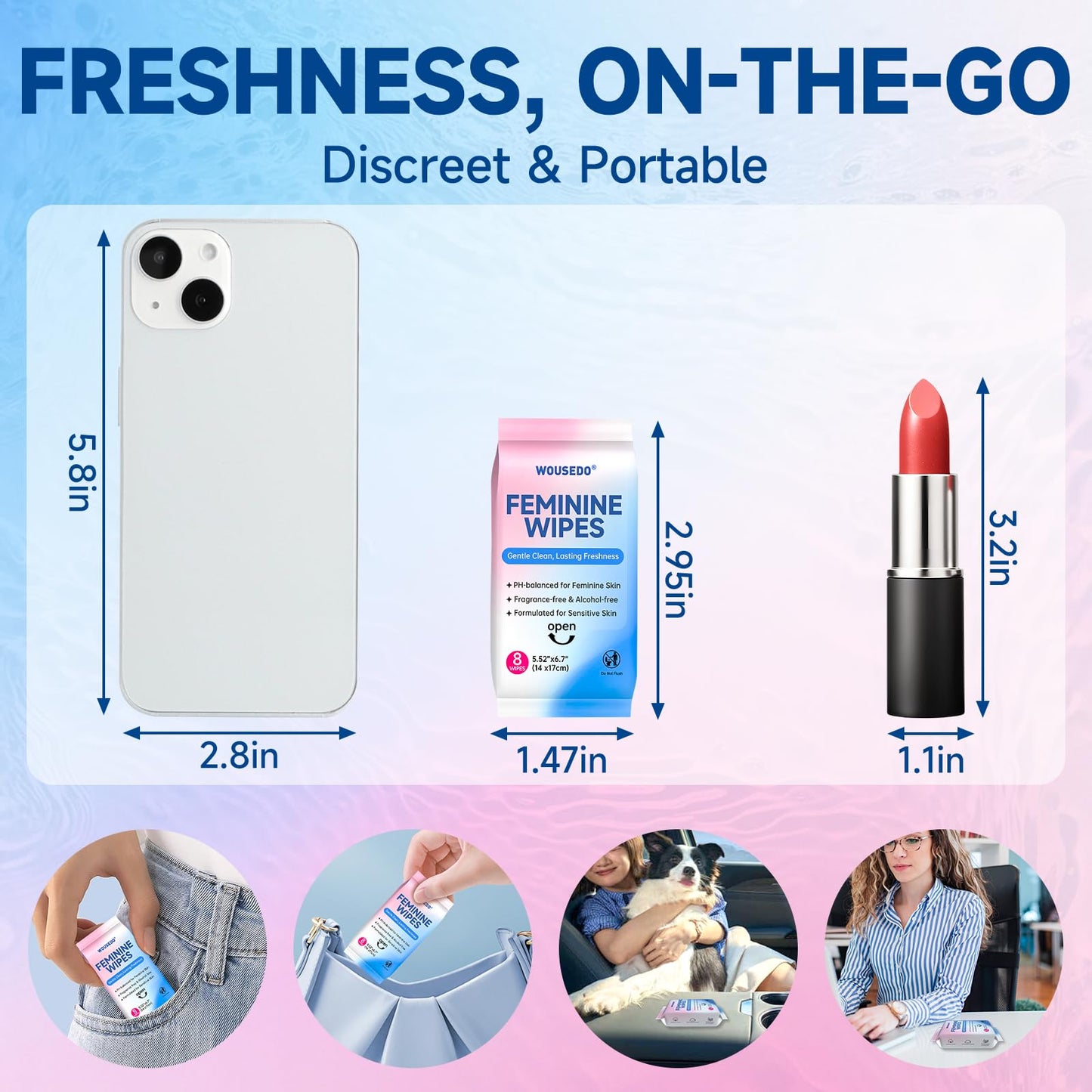 Feminine Hygiene Wipes for Women, pH Balanced & Hypoallergenic Intimate Wipes, Alcohol-Free, Gentle Female Personal Wipes, Convenient Mini Packs for Daily Use & On-The-Go，64 Wipes (Pack of 8)