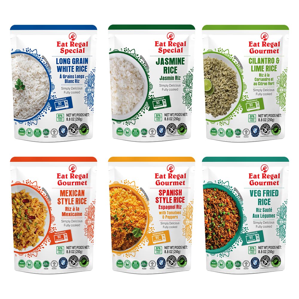 Eat Regal Rice Variety Pack, 8.8 oz | 6 Flavors: Spanish, Thai Jasmine, Long Grain, Cilantro Lime, Mexican, Veg Fried – Ready in 90 Sec – Non-GMO, Gluten-Free