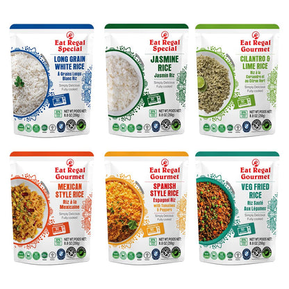 Eat Regal Rice Variety Pack, 8.8 oz | 6 Flavors: Spanish, Thai Jasmine, Long Grain, Cilantro Lime, Mexican, Veg Fried – Ready in 90 Sec – Non-GMO, Gluten-Free