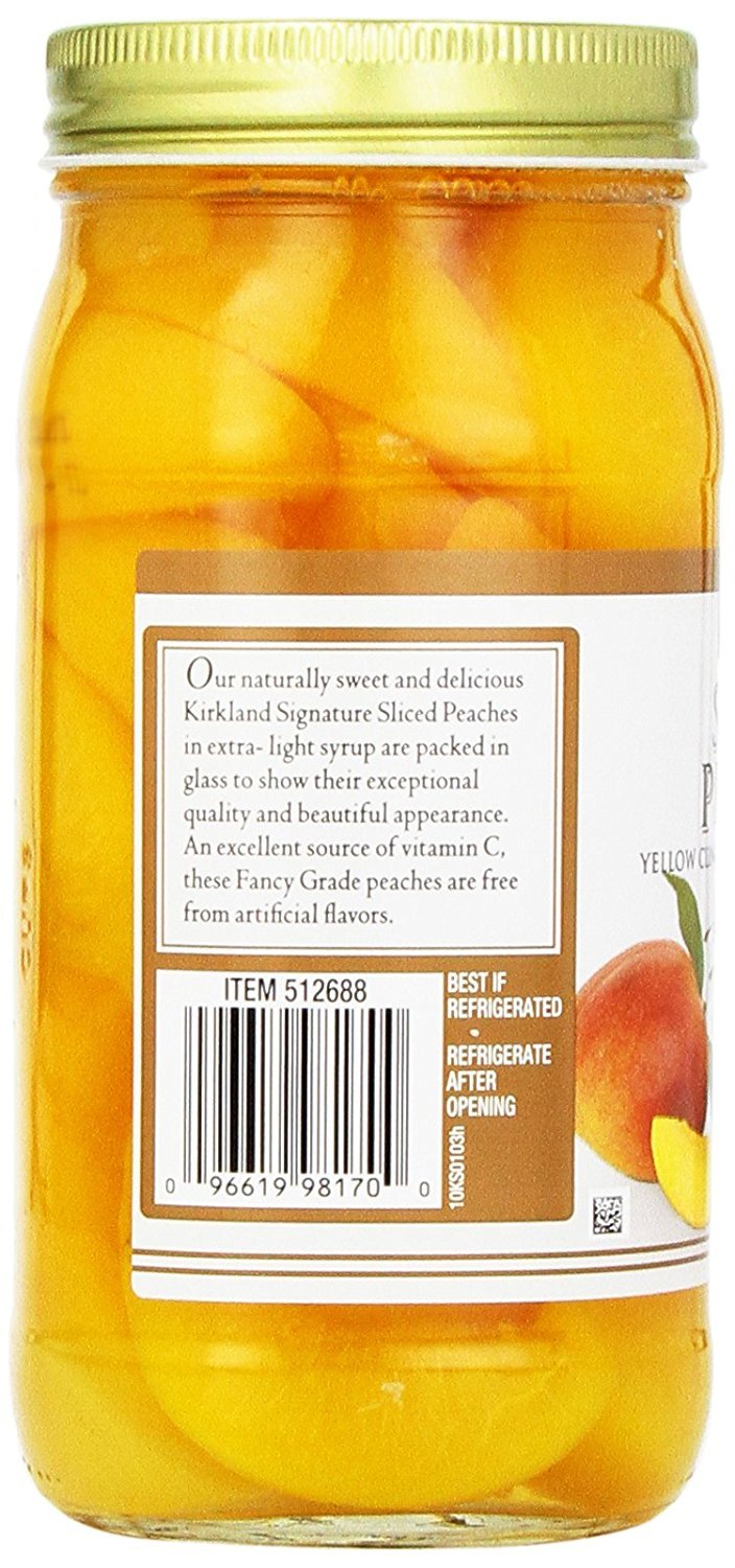 Kirkland Signature Sliced Peaches, 24oz Glass Jar (Pack of 2, Total of 48 Oz)