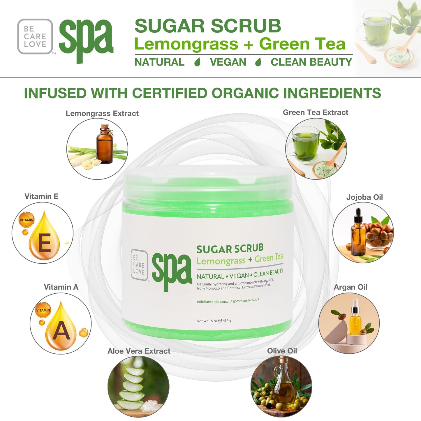 Be Care Love Spa Sugar Scrub Lemongrass + Green Tea to moisturize, detoxify and purify skin for acne-prone, oily, or damaged skin.16 oz