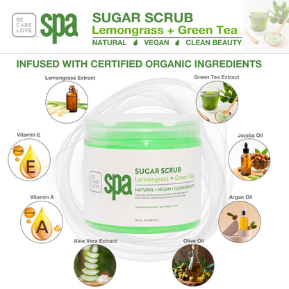 Be Care Love Spa Sugar Scrub Lemongrass + Green Tea to moisturize, detoxify and purify skin for acne-prone, oily, or damaged skin.16 oz