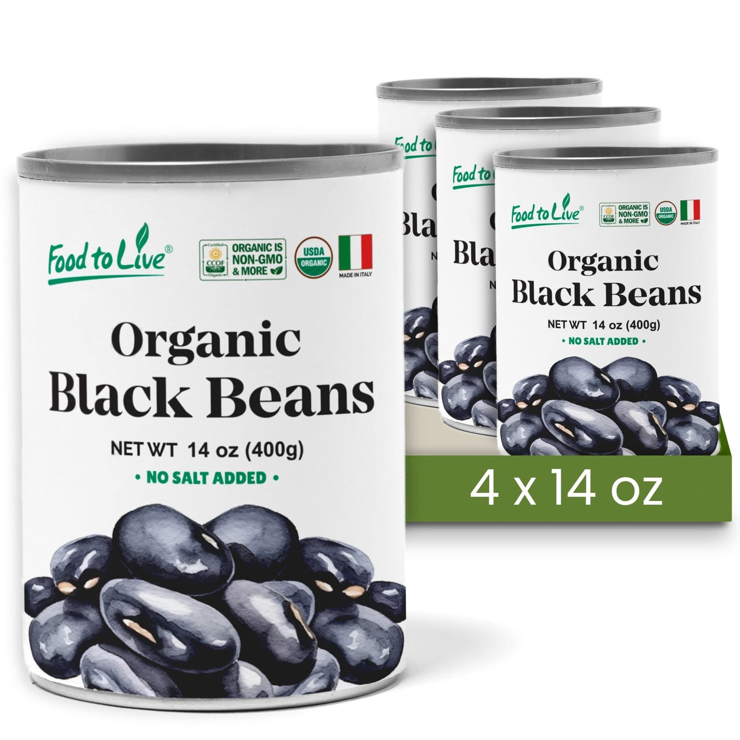 Food to Live Organic Canned Black Beans, 14 oz (Pack of 4) - Unsalted Non-GMO Frijoles Negro. Perfect for Salads, Soups, Stews. Vegan. Made in Italy