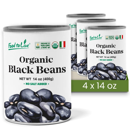 Food to Live Organic Canned Black Beans, 14 oz (Pack of 4) - Unsalted Non-GMO Frijoles Negro. Perfect for Salads, Soups, Stews. Vegan. Made in Italy