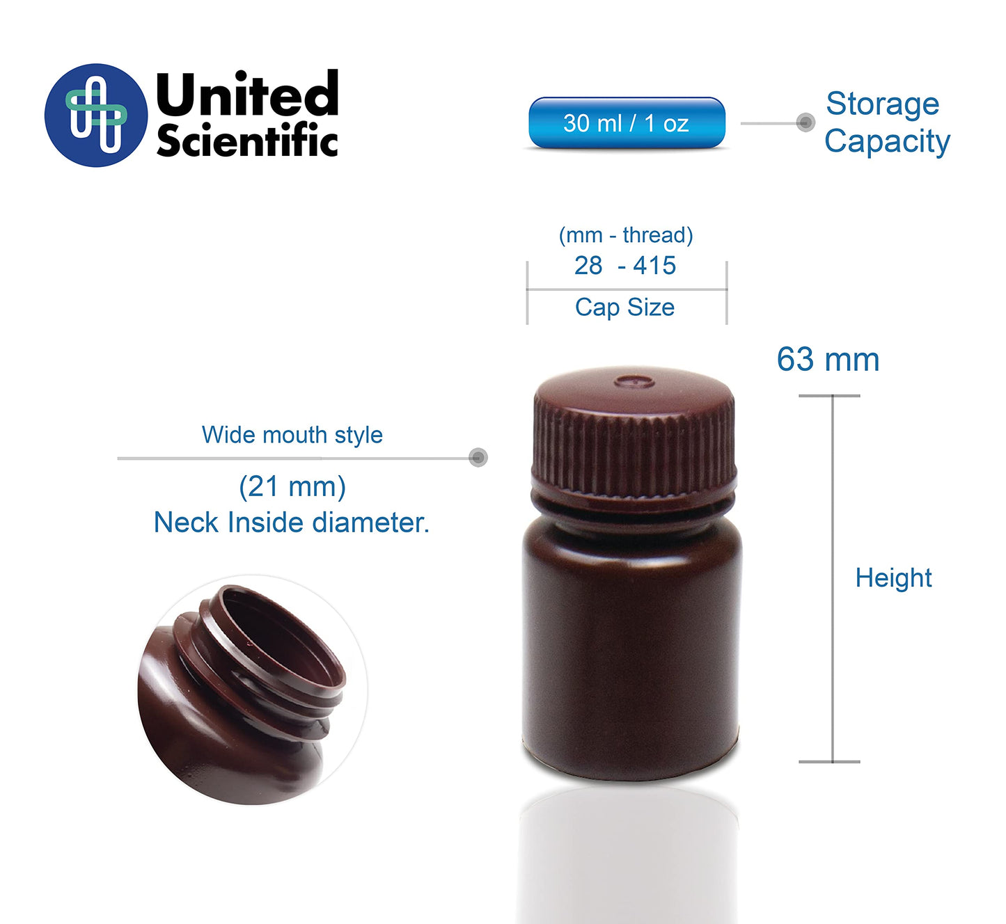 United Scientific® - Sample Containers with Lids - Amber HDPE Wide Mouth Reagent Bottle - Chemical Container - 1 oz Bottles (30mL) Multi-Purpose Plastic Bottles with Lids, Pack of 72