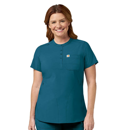 Carhartt Cross-Flex Scrubs for Women, Henley Tunic Scrub Top - Caribbean Blue, XS