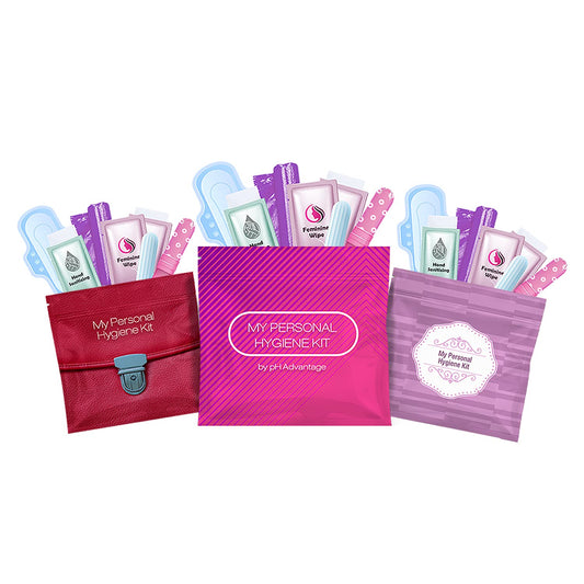 3 x Menstrual All-in-One Kits - Assorted Colors | Convenience on The Go | Single Period Kit Packs | Individually Wrapped Feminine Hygiene Products (Red Purse/Pink/Purple)