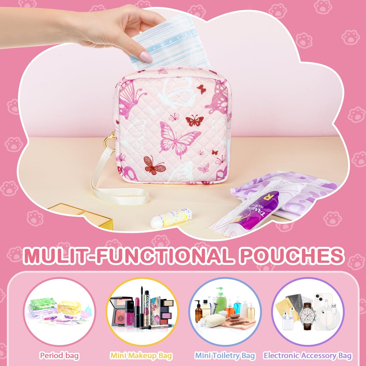 Tampon Holder for Purse, Quilted Period Bag Sanitary Napkin Storage Bag for Girls Womens, Portable Feminine Emergency Pad Period Pouch(Pink Cat)