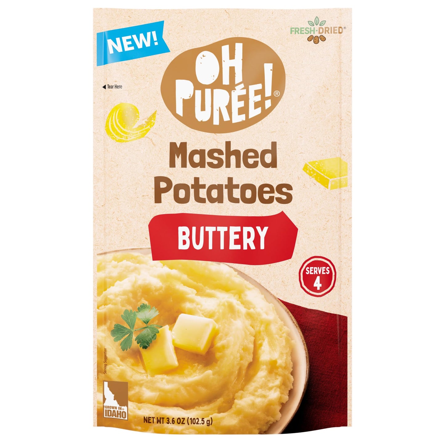 OH PURÉE! Buttery Mashed Potatoes, 4-servings, 3.6oz (Pack of 12), Gluten Free; Dairy Kosher; Vegetarian; No Artificial Flavors; No Artificial Colors; Made with 100% REAL Idaho Potatoes
