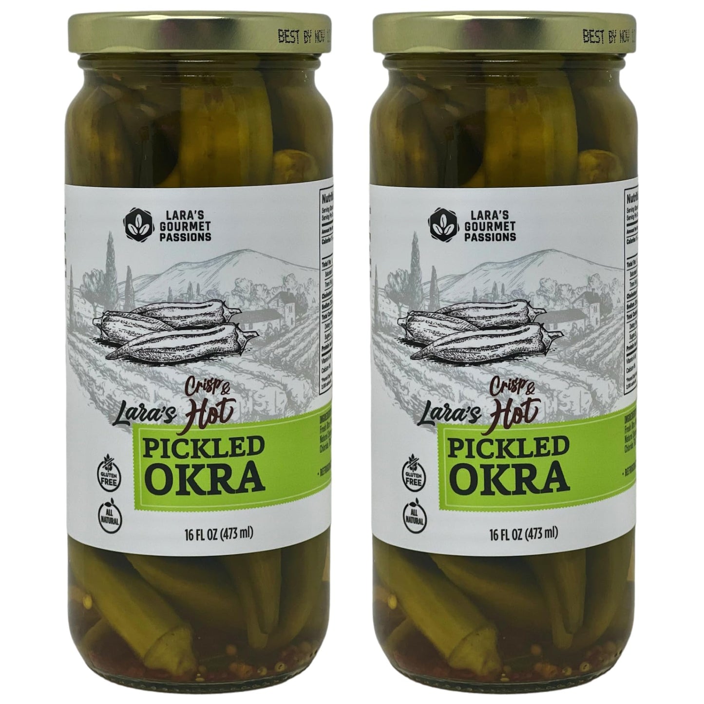 Lara's Crisp and Hot Pickled Okra – (Pack of 2, 16 fl oz each) – Zesty Southern Style Spicy Okra, Ideal for Charcuterie Boards, Gourmet Snacks, and Cocktails – Gluten-Free, All-Natural, Vegan-Friendly