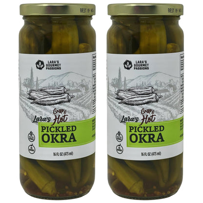 Lara's Crisp and Hot Pickled Okra – (Pack of 2, 16 fl oz each) – Zesty Southern Style Spicy Okra, Ideal for Charcuterie Boards, Gourmet Snacks, and Cocktails – Gluten-Free, All-Natural, Vegan-Friendly