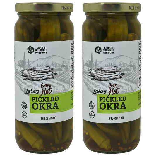 Lara's Crisp and Hot Pickled Okra – (Pack of 2, 16 fl oz each) – Zesty Southern Style Spicy Okra, Ideal for Charcuterie Boards, Gourmet Snacks, and Cocktails – Gluten-Free, All-Natural, Vegan-Friendly
